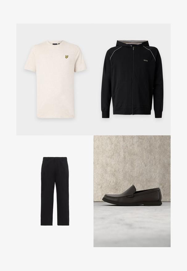 Schwarzer Kapuzenpullover mit durchgehendem Reißverschluss, langen Ärmeln, hellgrauem Futter, kleinem "BOSS"-Logo auf der Brust und vorderen Taschen.; Beige kurzärmeliges T-Shirt mit Rundhalsausschnitt und kleinem gelbem Vogel-Logo auf der linken Brust, vor einfarbigem Hintergrund dargestellt.; Schwarze Hose mit geradem Bein, Gürtelschlaufen, Reißverschluss vorne und Seitentaschen, auf weißem Hintergrund abgebildet.; Dunkelbraune Lederloafer mit einer runden Zehenpartie, dezenten Nähdetails und einer niedrigen Gummisohle. Glatte Textur mit flexibler Passform.