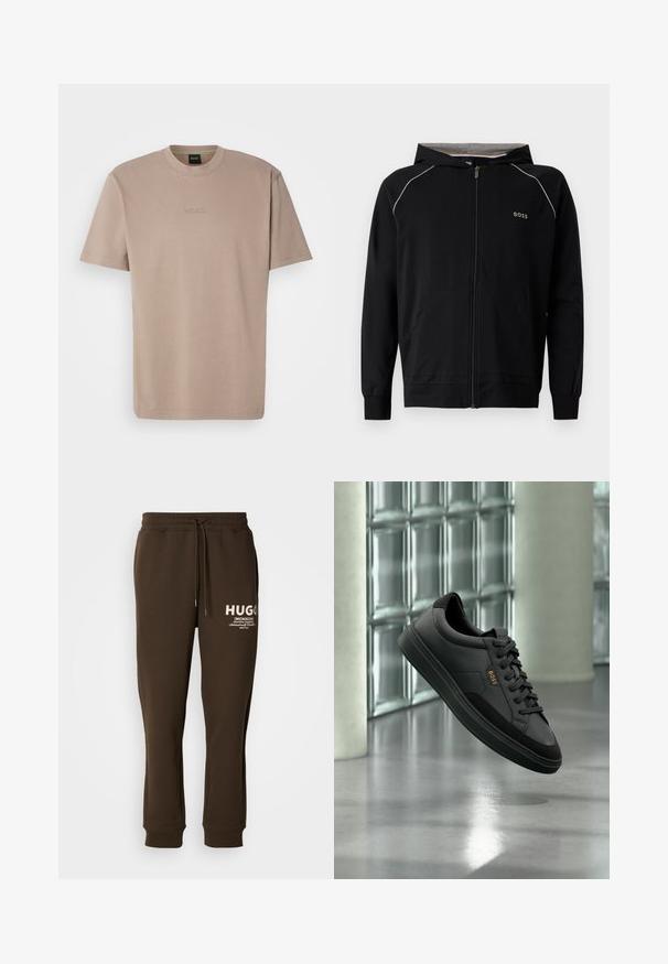 Sudadera negra con capucha y cremallera completa, mangas largas, forro gris claro, pequeño logo "BOSS" en el pecho y bolsillos delanteros.; Camiseta de algodón suave color beige con mangas cortas y cuello redondo, que presenta un logo bordado de "BOSS" en el pecho.; Pantalones de chándal marrones hechos de una tela suave, con una cinturilla elástica y un cordón, y detalles del logotipo en blanco en la parte delantera.; Zapatilla deportiva baja de cuero negro con cordones negros y el logo dorado "BOSS", exhibida en el aire frente a una pared de bloques de vidrio y suelo gris.