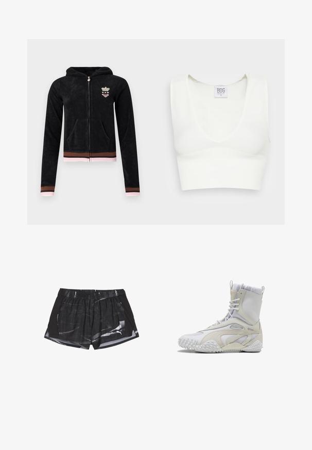 Sort lynlåshættejakke med forlommer, pink og brune stribede manchetter og kant samt lille krone- og hjerteemblem på brystet.; Hvid ribbet crop top med dyb V-udskæring og brede skulderstropper. Mærket synligt med brandnavnet "BDG" og størrelse "S." Glat tekstur.; Sorte atletiske shorts med et gråt abstrakt mønster, elastisk talje og sidelufter til ventilation, lavet af letvægtsstof.; Høje sportssko i hvid læder og stof, med en tekstureret gummisål med pigge, elastisk kant og mesh-detaljer.