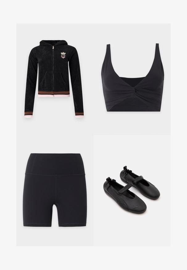 Sweat à capuche noir zippé avec poches avant, poignets et ourlet rayés rose et marron, et petit emblème couronne et cœur sur la poitrine.; Top court noir avec larges bretelles et un détail de nœud torsadé au centre devant, présenté sur fond blanc.; Shorts de cyclisme sportifs noirs taille haute avec coutures plates, conçus pour une coupe ajustée et une longueur mi-cuisse.; Paire de chaussures en cuir noir style Mary Jane avec arrière élastiqué et bride velcro, avec un logo Puma discret sur chaque orteil.