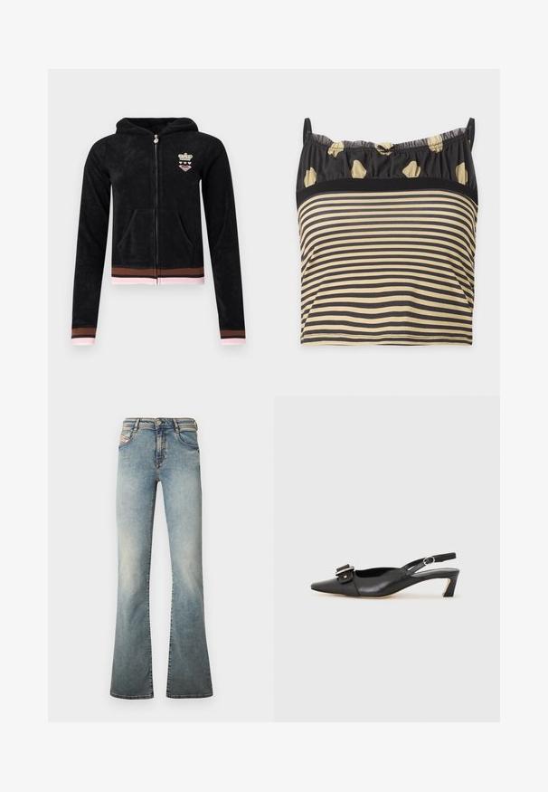 Sort lynlåshættejakke med forlommer, pink og brune stribede manchetter og kant samt lille krone- og hjerteemblem på brystet.; Ærmeløs cropped top med tynde stropper, med sorte og beige vandrette striber og øverste del i sort transparent stof med beige blomstermønstre.; Lyseblå udvidede jeans lavet af denim, med fem lommer, knaplukning og subtil falmning på benene.; Sorte læder slingback sko med spidse tæer, lille hæl og dekorativ spænde detalje på overdelen. Glat tekstur, minimalistisk design.