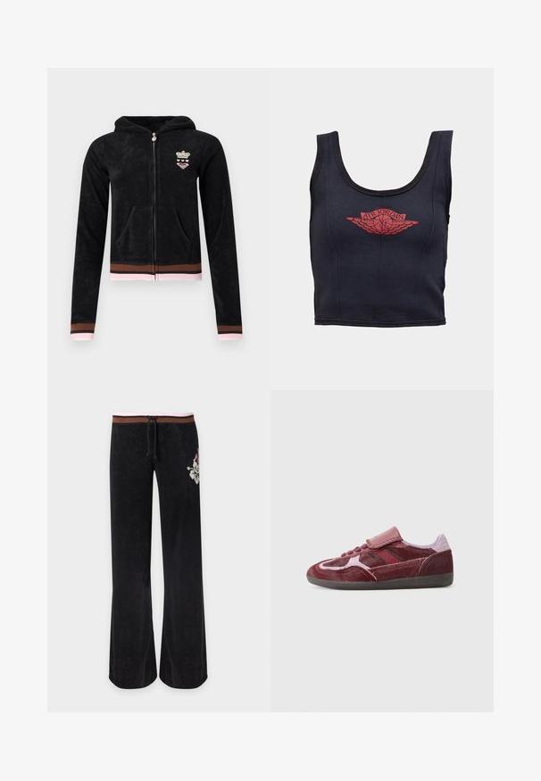 Zwarte hoodie met rits, voorzakken, roze en bruine gestreepte boorden en zoom, en een klein kroontje en hartenembleem op de borst.; Zwarte cropped tanktop met brede bandjes en rood Air Jordan-logo met een basketbal met vleugels op de borst.; Zwarte broek met brede pijpen en een bruin-roze gestreepte tailleband, trekkoord en witte bloemenborduursel op de rechterheup.; Rode suède sneakers met een gladde neus, textuurpanelen aan de zijkanten, tonale veters en een klittenbandsluiting. Heeft een duurzame zwarte rubberen buitenzool.