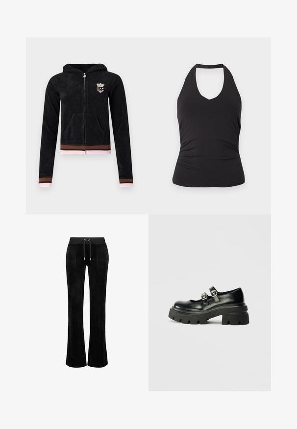 Schwarzer Kapuzenpullover mit Reißverschluss und Fronttaschen, pink- und braun gestreifte Bündchen und Saum sowie kleinem Krone- und Herz-Emblem auf der Brust.; Schwarzes ärmelloses Neckholder-Top mit taillierter Passform und leichter Raffung an den Seiten, dargestellt auf hellem einfarbigem Hintergrund.; Schwarze, ausgestellte Jogginghosen mit weicher Textur, elastischem Bund, Kordelzug und zwei Fronttaschen.; Schwarze Leder-Plateauschuhe mit einer abgerundeten Zehe, zwei metallischen Schnallendetails und einer robusten, strukturierten schwarzen Sohle.
