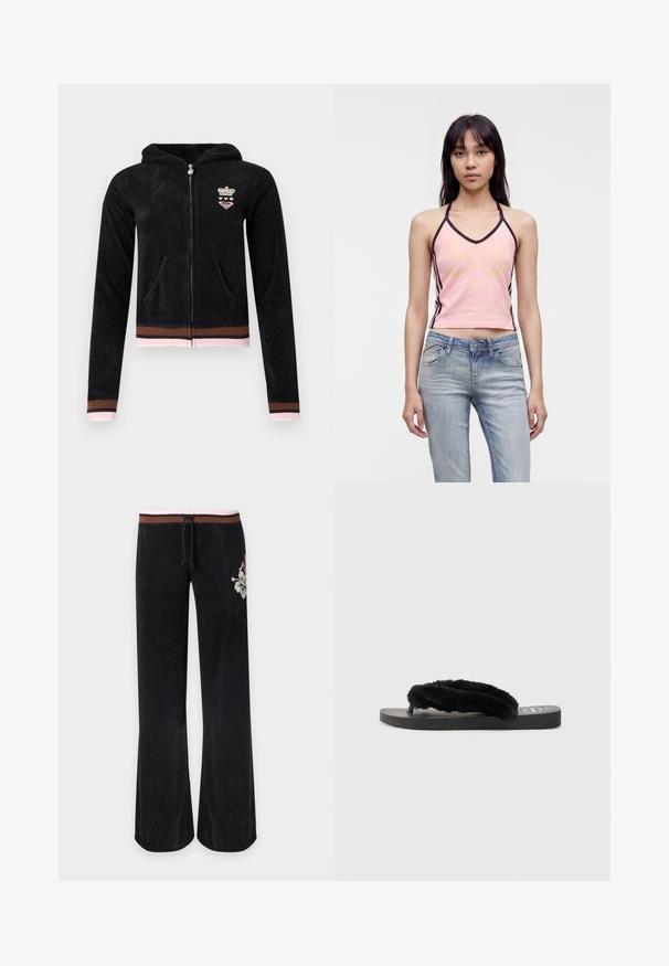 Camisola com capuz preta com fecho, bolsos frontais, punhos e bainha às riscas cor-de-rosa e castanho, e pequeno emblema de coroa e coração no peito.; Jovem mulher com cabelo liso e escuro, vestindo um top rosa com decote halter e bordas pretas, e jeans azul claro, em pé contra um fundo branco simples.; Calças pretas de perna larga com cintura às riscas castanha e rosa, cordão e bordado floral branco no quadril direito.; Chinelo preto com tiras espessas de pelúcia macia e sola texturizada, visto de lado sobre um fundo cinza claro simples.