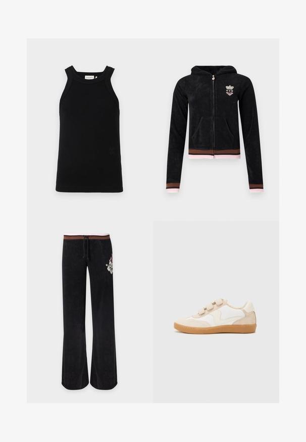 Chaqueta con capucha negra con cremallera, bolsillos delanteros, puños y dobladillo a rayas en rosa y marrón, y pequeño emblema de corona y corazón en el pecho.; Top de tirantes acanalado negro con tirantes anchos, que presenta un escote redondeado y un pequeño detalle de logo embosado en la parte inferior.; Pantalones negros de pierna ancha con cintura a rayas marrón y rosa, cordón ajustable y bordado floral blanco en la cadera derecha.; Zapatillas de cuero blanco y beige con acentos de ante, que presentan una puntera redondeada, tres correas de velcro y una suela de goma.