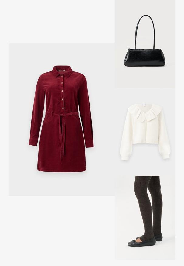 Hvid cropped cardigan med ribstrikkede manchetter og kant, der har en stor flæset krave og en dekorativ sølvknap ved halsen.; Burgunderfarvet kordfløjlskjortekjole med lange ærmer, knaplukning foran, krave og taljebånd. Har sidelommer og en let udsvingende nederdel.; Ben iført mørke ribbede leggings kombineret med sorte balletsko med små sløjfedetaljer på hvid baggrund.; Sort rektangulær skuldertaske med lange tynde stropper og en glat, blank tekstur på en ensfarvet baggrund.