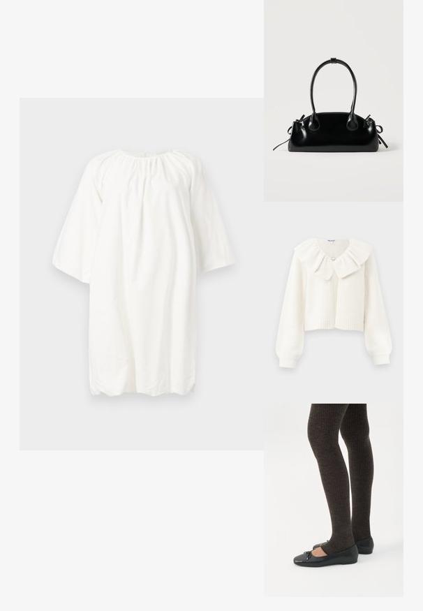 Cardigan blanc court avec des poignets et un ourlet côtelés, doté d'un grand col froncé et d'un bouton argent décoratif au niveau du col.; Robe en coton blanc avec un col rond, des manches trois-quarts et un détail froncé au niveau du col ; design ample et simple.; Jambes portant des leggings côtelés foncés associés à des ballerines noires avec de petits détails en nœud sur fond blanc.; Petit sac à main noir brillant avec deux longues anses et des détails à cordon sur les côtés sur un fond clair uni.