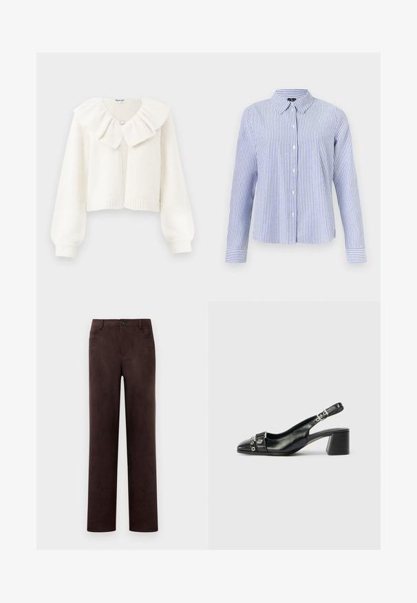 Hvid cropped cardigan med ribstrikkede manchetter og kant, der har en stor flæset krave og en dekorativ sølvknap ved halsen.; Langærmet skjorte med knapper med hvide og lyseblå lodrette striber og en spids krave vist på en ensfarvet baggrund.; Mørkebrun suedebukser med lige ben, frontknap og lynlås, bæltesløjfer og sidelommer.; Sorte læder slingback hæl med spids tå, tekstureret rem med cirkulære metalliske accenter, og en stablet blokhæl.