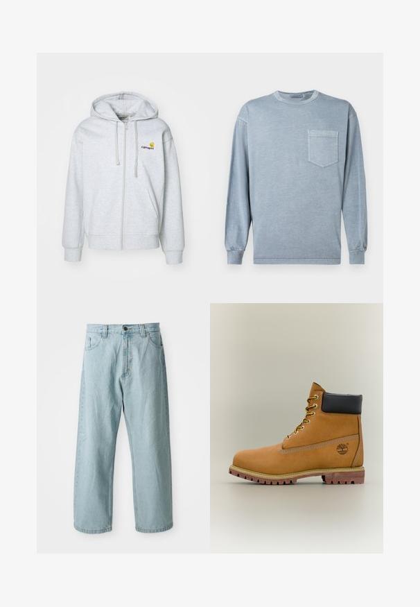 Hellgraue Kapuzenjacke mit Reißverschluss, Kordelzug, gerippten Bündchen und Taschen. Merkmale ein kleines gesticktes Logo auf der Brust. Weicher Stoff.; Langärmliges blaues T-Shirt aus weicher Baumwolle, mit Rundhalsausschnitt und einer Brusttasche mit dezentem Steppdetail.; Helle blaue Jeans mit weitem Bein. Verfügt über fünf Taschen, einen vorderen Knopf- und Reißverschluss und eine leicht ausgebleichte Textur.; Brauner Leder-Stiefelette mit schwarzem Kragen, gelben Schnürsenkeln und hellbrauner Sohle. Verfügt über ein Logo und weiße Ziernähe. Robuste Profilsohle.