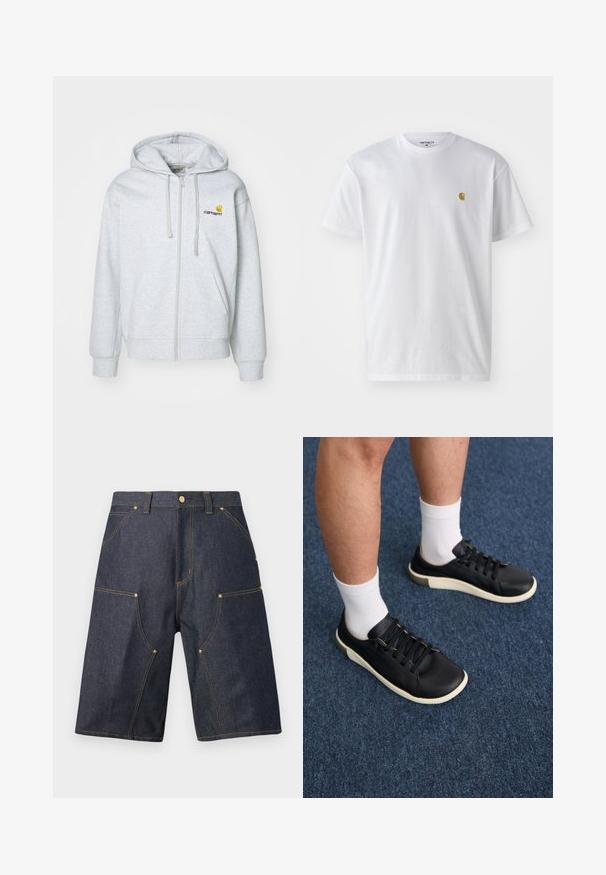 Sudadera con cremallera de color gris claro, con capucha ajustable, puños acanalados y bolsillos. Presenta un pequeño logotipo bordado en el pecho. Tejido suave.; Camiseta de algodón blanca con mangas cortas, cuello redondo, que presenta un pequeño logo dorado en la parte izquierda del pecho. Textura suave y corte regular.; Pantalones cortos de mezclilla en azul oscuro con costuras naranjas. Presentan múltiples bolsillos, un corte recto y un cierre de botón en la cintura.; Zapatilla negra de cuero liso, con una suela blanca, seis ojales con cordones negros y un sutil acento beige en el talón.
