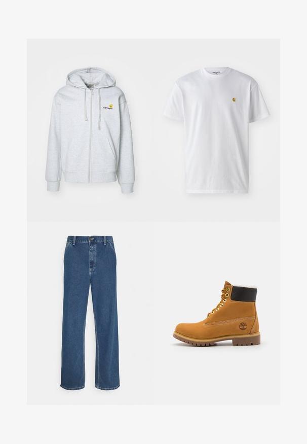 Lichtgrijze zip-up hoodie met een capuchon met trekkoord, ribgebreide manchetten en zakken. Bevat een klein geborduurd logo op de borst. Zachte stof.; Witte katoenen t-shirt met korte mouwen en ronde hals, voorzien van een klein gouden logo op de linkerkant van de borst. Zachte textuur en een normale pasvorm.; Blauwe spijkerbroek met een rechte snit, vijf-pocket ontwerp, metalen knoopsluiting en zichtbare stiksels langs de naden en de zoom.; Bruine leren enkellaars met metalen oogjes, witte faux bont voering, zwarte gewatteerde kraag, robuuste zool en een reliëflogo aan de zijkant.
