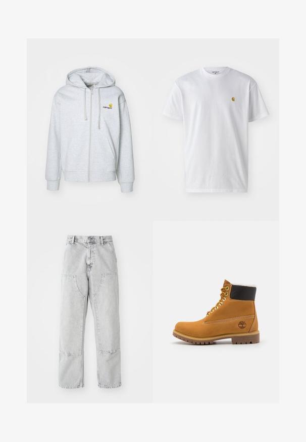 Haut zippé gris clair avec une capuche à cordon de serrage, des poignets côtelés et des poches. Présente un petit logo brodé sur la poitrine. Tissu doux.; T-shirt en coton blanc à manches courtes, col rond, avec un petit logo doré sur la poitrine gauche. Texture douce et coupe régulière.; Pantalons en denim gris clair à coupe ample, avec de grandes poches latérales, des coutures visibles et un design à jambe droite. Passants de ceinture à la taille.; Bottine en cuir brun avec œillets en métal, doublure en fourrure blanche, col rembourré noir, semelle robuste et logo en relief sur le côté.