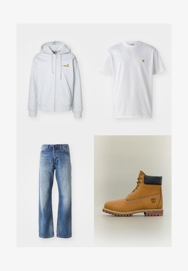 Lichtgrijze zip-up hoodie met een capuchon met trekkoord, ribgebreide manchetten en zakken. Bevat een klein geborduurd logo op de borst. Zachte stof.; Witte katoenen t-shirt met korte mouwen en ronde hals, voorzien van een klein gouden logo op de linkerkant van de borst. Zachte textuur en een normale pasvorm.; Blauwe denim straight-leg jeans met lichte vervaging op de dijen en knieën, met vijf zakken en een knoopsluiting.; Bruine leren enkellaars met zwarte kraag, gele veters en een zandkleurige zool. Voorzien van een logo en witte stikseldetails. Robuuste loopzool met grip.