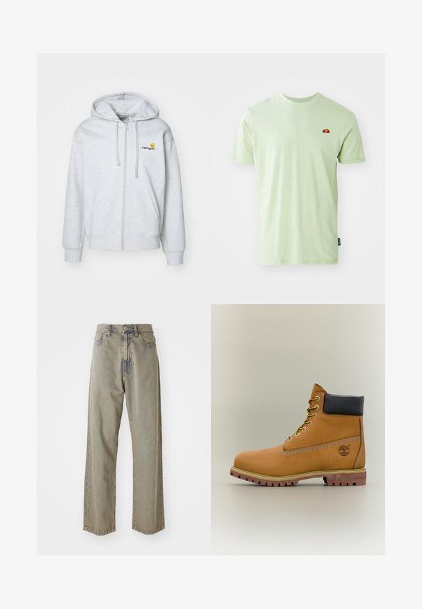 Hellgraue Kapuzenjacke mit Reißverschluss, Kordelzug, gerippten Bündchen und Taschen. Merkmale ein kleines gesticktes Logo auf der Brust. Weicher Stoff.; Hellgrünes Baumwoll-T-Shirt mit Rundhalsausschnitt, kurzen Ärmeln und einem kleinen gestickten Logo in Rot und Gelb auf der Brust.; Helle graue, weit geschnittene Jeans aus Denim, mit einer ausgebleichtenen Textur, sichtbaren Nähten und traditionellem Knopf- und Reißverschluss.; Brauner Leder-Stiefelette mit schwarzem Kragen, gelben Schnürsenkeln und hellbrauner Sohle. Verfügt über ein Logo und weiße Ziernähe. Robuste Profilsohle.