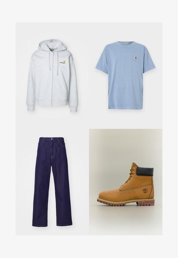 Hellgraue Kapuzenjacke mit Reißverschluss, Kordelzug, gerippten Bündchen und Taschen. Merkmale ein kleines gesticktes Logo auf der Brust. Weicher Stoff.; Hellblaues Baumwoll-T-Shirt mit kurzen Ärmeln, Rundhalsausschnitt und einem kleinen quadratischen Logoetikett mit einem stilisierten Buchstaben "C" auf der Brust.; Dunkelblaue Denim-Hosen mit weitem Bein und hoher Taille, ausgestattet mit vorderen Taschen und einem Knopfverschluss, der eine glatte, strapazierfähige Textur zeigt.; Brauner Leder-Stiefelette mit schwarzem Kragen, gelben Schnürsenkeln und hellbrauner Sohle. Verfügt über ein Logo und weiße Ziernähe. Robuste Profilsohle.