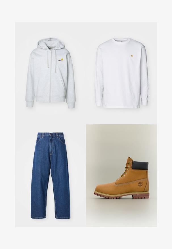 Lichtgrijze zip-up hoodie met een capuchon met trekkoord, ribgebreide manchetten en zakken. Bevat een klein geborduurd logo op de borst. Zachte stof.; Witte lange mouwen t-shirt van katoen. Voorzien van een klein gouden logo op de borst en een ronde hals. Eenvoudig ontwerp en standaard pasvorm.; Denim wijde broek in donkerblauw. Kenmerken zijn een hoge taille, riemlussen en een klassiek vijf-pocket ontwerp. Gestikte zoom met een schone afwerking.; Bruine leren enkellaars met zwarte kraag, gele veters en een zandkleurige zool. Voorzien van een logo en witte stikseldetails. Robuuste loopzool met grip.