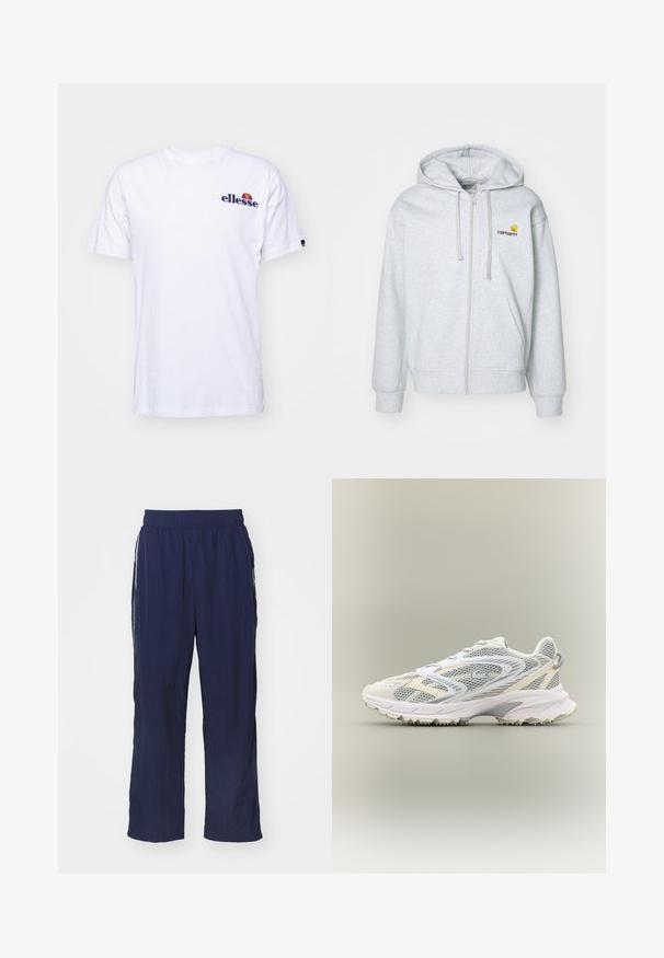 Lichtgrijze zip-up hoodie met een capuchon met trekkoord, ribgebreide manchetten en zakken. Bevat een klein geborduurd logo op de borst. Zachte stof.; Witte katoenen T-shirt met korte mouwen, voorzien van een marineblauw geborduurd logo op de linkerborst en een levendige kleurenaccent boven het logo.; Navyblauwe lichtgewicht broek met een elastische tailleband, relaxte pasvorm, zijzakken en contrasterende witte strepen aan de zijkanten.; Witte sportschoen met grijze netpanelen, gestructureerde overlays, een gepolsterde kraag en een rubberen zool met kleine tractiespitten.