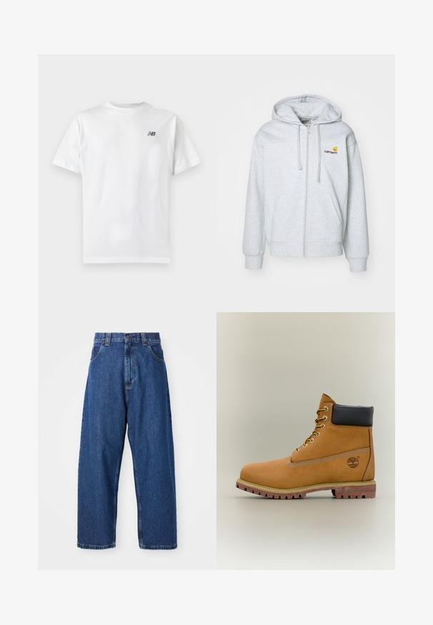 Lichtgrijze zip-up hoodie met een capuchon met trekkoord, ribgebreide manchetten en zakken. Bevat een klein geborduurd logo op de borst. Zachte stof.; Witte T-shirt met korte mouwen en ronde hals met een klein zwart New Balance-logo op de linker bovenkant van de borst op een effen lichte achtergrond.; Denim wijde broek in donkerblauw. Kenmerken zijn een hoge taille, riemlussen en een klassiek vijf-pocket ontwerp. Gestikte zoom met een schone afwerking.; Bruine leren enkellaars met zwarte kraag, gele veters en een zandkleurige zool. Voorzien van een logo en witte stikseldetails. Robuuste loopzool met grip.