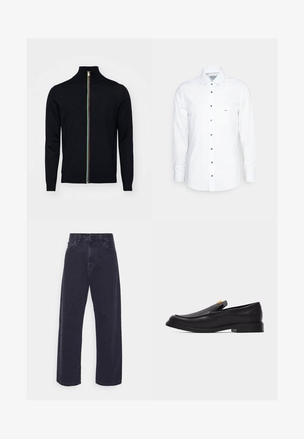 Paul Smith MEN CARDIGAN ZIP - Kardigán - black; Michael Kors SHIRT - Košeľa - white; Tmavé denimové džínsy so širokým strihom, vysokým pásom a dizajnom s piatimi vreckami. Obsahujú klasické zapínanie na gombík a zips.; Čierny kožený mokasín bez šnúrok s oblým špičkou, nízkym opätkom a zlatým akcentom na hornej časti na bielom pozadí.