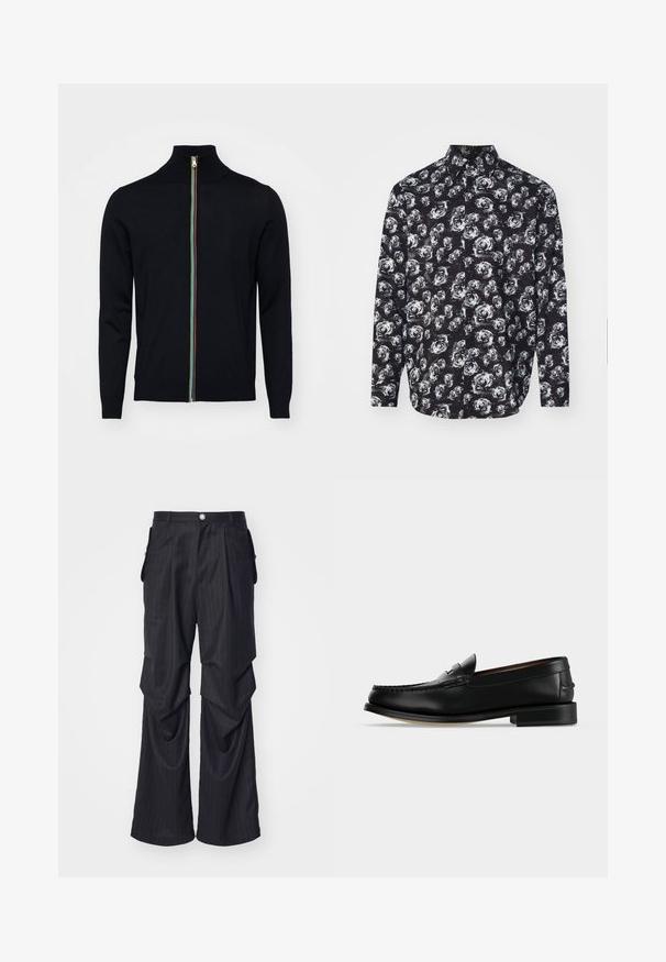 Paul Smith MEN CARDIGAN ZIP - Cardigan - black; Sort langærmet skjorte med et mønster af hvide roser, krave og knaplukning foran. Fremstillet af letvægtsstof med en glat tekstur.; Sorte nålestribede bukser med bred bendesign, der har folder, sidelommer og en frontlukning med knap. Glat tekstur.; Sort læder herre loafer med lav hæl og mokkasinsyning på tåen, vist fra siden på en ensfarvet baggrund.