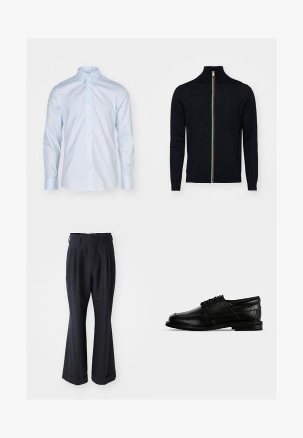 Paul Smith MEN CARDIGAN ZIP - Chaqueta de punto - black; Camisa de manga larga azul clara con un cuello clásico, delantero abotonado y botones en contraste; hecha de una tela suave con un acabado nítido.; Pantalones negros a medida con un ajuste relajado, parte delantera plisada y piernas anchas. Cuenta con un dobladillo con puños y una textura de tela suave.; Zapato de vestir para hombre de cuero negro con cordones, tacón bajo y nombre de la marca en relieve en el lateral, mostrado de perfil sobre fondo blanco.