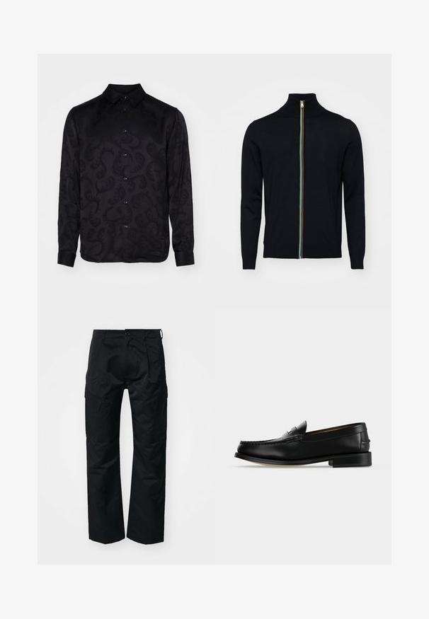 Paul Smith MEN CARDIGAN ZIP - Gilet - black; Chemise noire à manches longues avec un motif paisley texturé subtil, dotée d'un col pointu et d'une fermeture à boutons sur le devant. Tissu lisse.; Pantalons cargo noirs avec une texture lisse, dotés de poches latérales, d'une fermeture à bouton et d'une coupe décontractée.; Mocassin homme en cuir noir avec un petit talon et une couture de style mocassin sur l'avant, vu de côté sur un fond uni.