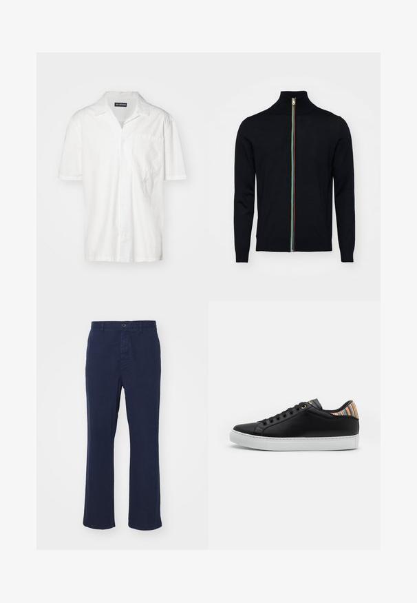 Paul Smith MEN CARDIGAN ZIP - Kardigán - black; Biele krátke rukávy košele vyrobené z bavlnenej zmesi, s špicatým golierom, prednou vreckom a nenápadným vyšívaným akcentom na ľavej strane.; Námornícke modré bavlnené nohavice so strihom rovného nohavice, s predným zapínaním na gombík a bočnými vreckami. Hladká textúra s minimálnymi detailmi.; Čierne kožené tenisky s bielou gumovou podrážkou, s pruhovaným viacfarebným akcentom na päte a čiernym šnurovaním s zlatými očkami.