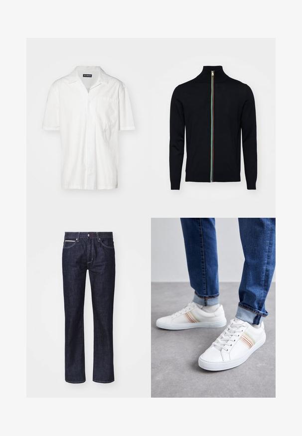 Paul Smith MEN CARDIGAN ZIP - Vest - black; Korte mouwen witte shirt in een katoenmix, met een puntkraag, een borstzak en een subtiele geborduurde accent aan de linkerkant.; Donkerblauwe denim jeans met een rechte snit, subtiele contrasterende stiksels, vijf zakken en een knoopsluiting bij de taille.; Witte leren sneakers met meerkleurige strepen, vetersluiting, rubberen zool en gevoerd kraagje, gecombineerd met blauwe spijkerbroek.