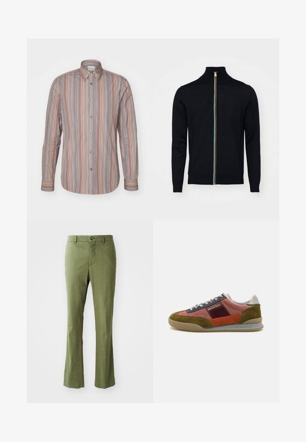 Paul Smith MEN CARDIGAN ZIP - Kardigan - black; Ribatud nööbitava särk, millel on vertikaalsed jooned erinevates värvustes. Pikad varrukad, klassikaline krae ja sile kangas.; Oliivroheline lina pükste sirge säärega disain, millel on eest nööpide sulgemine ja peen tekstuur. Ilma mustrite ja aktsentideta.; PS Paul Smith DOVER - Tossud - pink