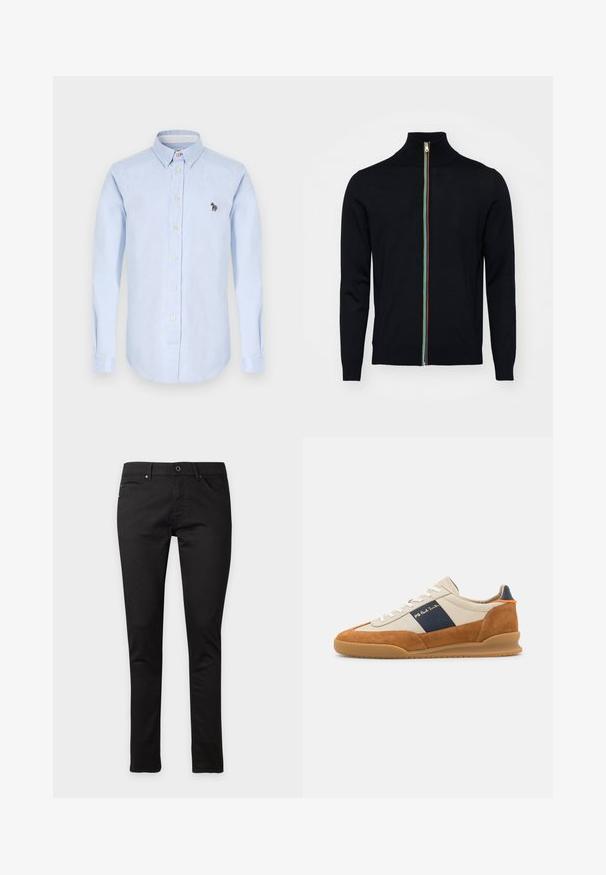 Paul Smith MEN CARDIGAN ZIP - Strickjacke - black; Hellblaues Hemd mit langen Ärmeln, Kragen, Vorderknöpfen und einem kleinen gestickten Zebra-Detail auf der Brust.; Schwarze Slim-Fit-Jeans mit Knopf- und Reißverschluss, vorne und hinten Taschen, liegend auf weißem Hintergrund gezeigt.; PS Paul Smith DOVER - Sneaker low - cognac/off-white