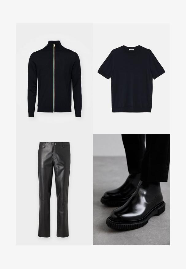 Paul Smith MEN CARDIGAN ZIP - Cardigan - black; sandro PABLO TEE - T-shirts basic - noir; Sorte læderbukser med en glat overflade, lige ben-design og diskrete stikninger langs sømmene. Har en knaplukning i taljen.; Sorte læder Chelsea støvler med en glat overflade, elastiske sidepaneler og en tykkere, struktureret gummisul med et robust dækmønster.