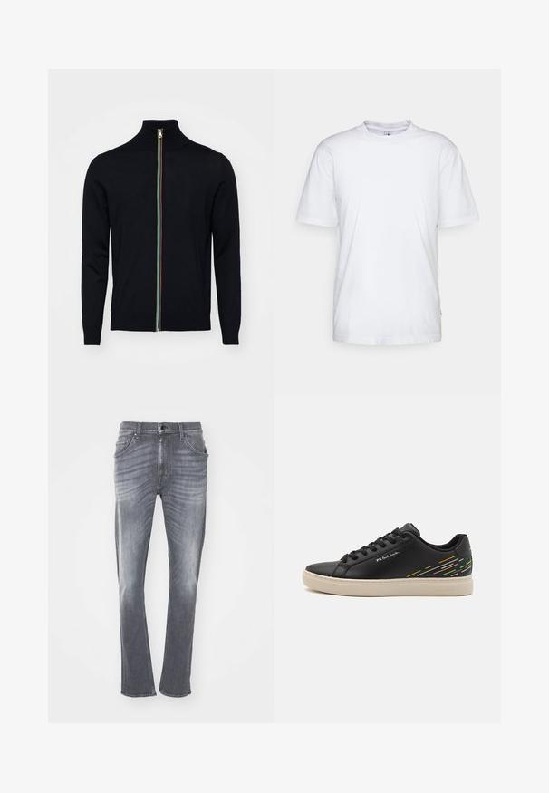 Paul Smith MEN CARDIGAN ZIP - Neuletakki - black; Valkoinen puuvillainen t-paita, jossa on pyöreä kaula-aukko, lyhyet hihat ja suora helma. Vasemmassa sauman kohdassa on pieni bränditunnus.; Harmaat farkut suoraan leikkauksella, joissa on kulunut pinta, viisi taskua ja vyölenkit. Ommeltu helma ja perinteinen napitus.; Musta nahkakengät alhaisella profiililla, joissa on värikkäitä viistoja viivakorostuksia sivuilla ja kermanvärinen kumipohja. Logoyksityiskohta on läsnä.