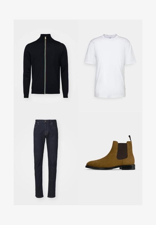 Paul Smith MEN CARDIGAN ZIP - Cardigan - black; Hvid bomulds t-shirt med rund hals, korte ærmer og lige kant. Har et lille mærke på den venstre sidesøm.; Mørkeblå denimjeans med slim fit, fem-lomme design og knaplukning. Har kontrastsyninger og lige benform.; Brun ruskind Chelsea-støvle med sort elastisk sidepanel, sort sål og trækflig på en lys grå baggrund.