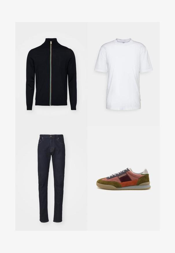 Paul Smith MEN CARDIGAN ZIP - Vest - black; Witte katoenen t-shirt met een ronde hals, korte mouwen en een rechte zoom. Heeft een klein merktag aan de linkerkant van de zijnaad.; Donkerblauwe denim jeans met een slim fit, vijf zakken ontwerp en een knoopsluiting. Kenmerken zijn contrasterende stiksels en een rechte pijp.; PS Paul Smith DOVER - Sneakers laag - pink
