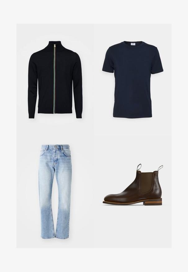 Paul Smith MEN CARDIGAN ZIP - Strickjacke - black; Navyblaues T-Shirt mit Rundhalsausschnitt aus weicher Baumwolle. Kurze Ärmel mit klassischer Passform, mit einem Etikett am Hals. Glatte Textur, minimalistisches Design.; Helle blaue Jeans mit geradem Schnitt. Verfügt über ein Fünf-Taschen-Design, einen Knopfverschluss und eine ausgewaschene Textur zum unteren Bereich hin.; Dunkelbrauner Leder-Chelsea-Stiefel mit elastischem Seitenteil, Zuglaschen vorne und hinten, niedrigem gestapeltem Absatz und abgerundeter Spitze.