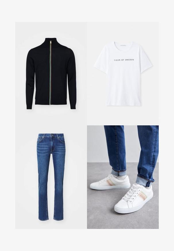 Paul Smith MEN CARDIGAN ZIP - Cardigan - black; Hvid t-shirt med rund halsudskæring og korte ærmer. Sort tekst står der "TIGER OF SWEDEN" centreret på fronten. Glat stofstruktur.; Mørkeblå denim jeans med lige ben-design, prydet med subtil slid, fem lommer og knaplukning. Neutrale syninger som accent.; Hvide lædersneakers med multicolore striber, snørebåndsdesign, gummisål og polstret krave, parret med blå denimjeans.