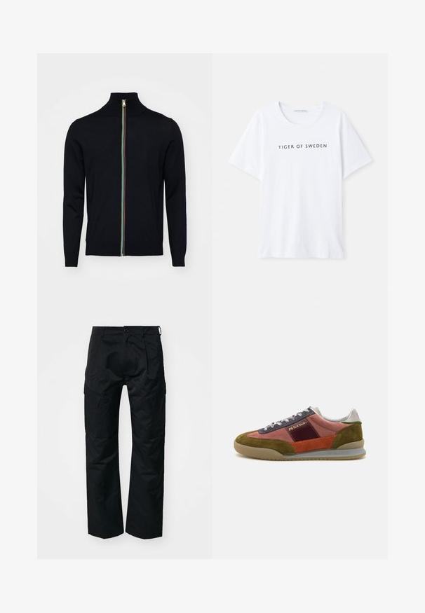 Paul Smith MEN CARDIGAN ZIP - Gilet - black; T-shirt blanc à col rond et à manches courtes. Un texte noir indique "TIGER OF SWEDEN" centré sur le devant. Texture du tissu lisse.; Pantalons cargo noirs avec une texture lisse, dotés de poches latérales, d'une fermeture à bouton et d'une coupe décontractée.; PS Paul Smith DOVER - Baskets basses - pink