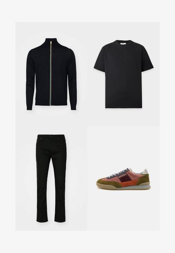 Paul Smith MEN CARDIGAN ZIP - Kardigán - black; Jednoduché čierne tričko s krátkym rukávom a okrúhlym výstrihom, s malou bielou etikietou vo vnútri goliera na svetlosivom pozadí.; Čierne džínsové nohavice so strihom rovného nohavice, štýlovaním s piatimi vreckami a zapínaním na gombík. Hladký materiál s jemnými švovými detailmi.; PS Paul Smith DOVER - Tenisky - pink