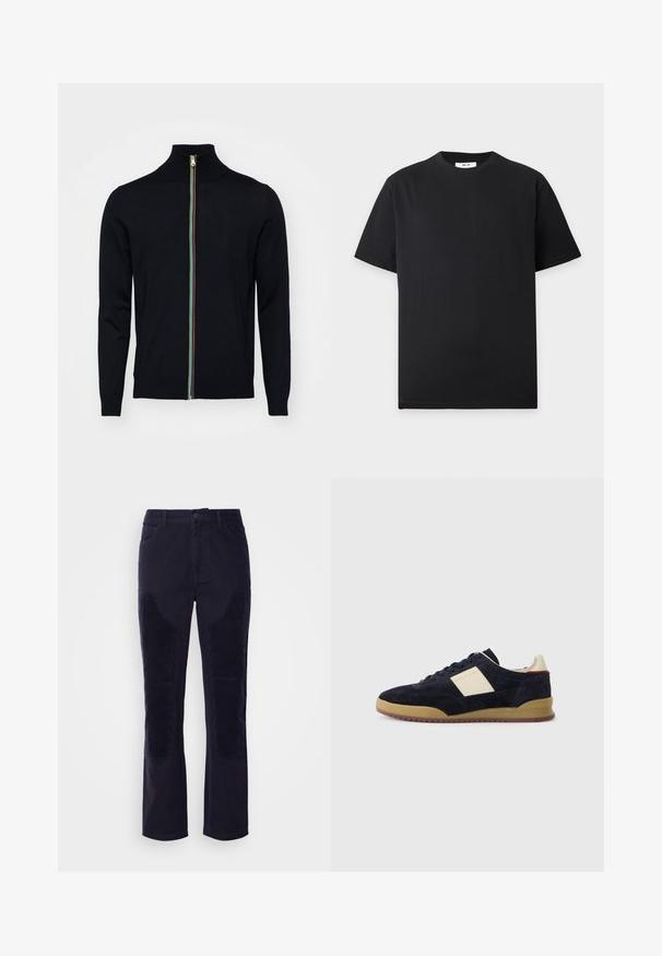 Paul Smith MEN CARDIGAN ZIP - Cardigan - black; Simpel sort t-shirt med korte ærmer og rund halsudskæring med en lille hvid label inde i kraven på en lys grå baggrund.; Mørkeblå kordfløjsbukser med glat stof, lige ben og horisontalt ribbede lapper på forlommerne for ekstra tekstur.; Mørkeblå ruskinds-sneakers med cremefarvet sidepanel, gummisål og mørke snørebånd, med PS Paul Smith branding på siden og hælen.