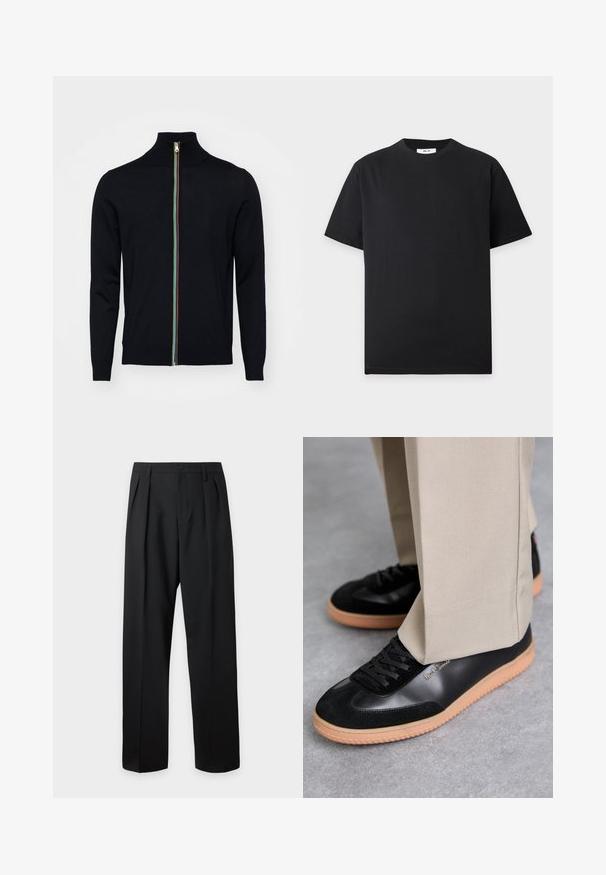 Paul Smith MEN CARDIGAN ZIP - Cardigan - black; Simpel sort t-shirt med korte ærmer og rund halsudskæring med en lille hvid label inde i kraven på en lys grå baggrund.; Sorte skræddersyede bukser med høj talje, bæltestropper, frontfolder, knaplukning og lige vide ben på en lys baggrund.; Paul Smith COMO - Sneakers - black