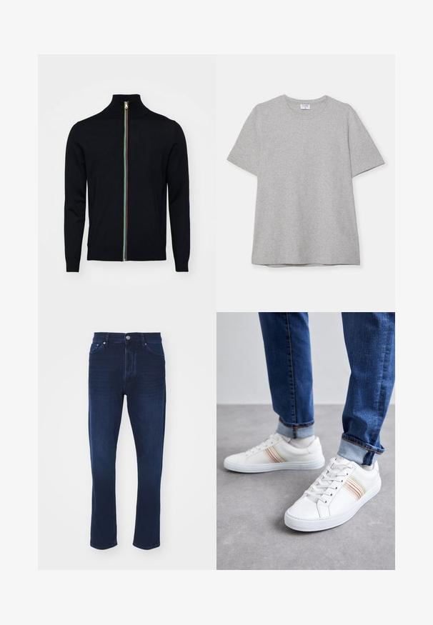 Paul Smith MEN CARDIGAN ZIP - Gilet - black; T-shirt gris à manches courtes fabriqué en tissu doux et texturé. Présente un col rond classique et un ourlet droit, idéal pour une tenue décontractée.; Jean en denim bleu foncé avec une taille mi-haute, un design à jambe droite, une finition à cinq poches et une fermeture classique à bouton métallique.; Baskets en cuir blanc avec des rayures multicolores, design à lacets, semelle en caoutchouc et col rembourré, associées à un jean en denim bleu.