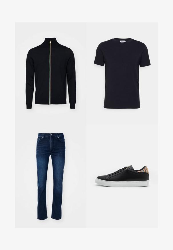 Paul Smith MEN CARDIGAN ZIP - Strickjacke - black; Schwarzes T-Shirt mit kurzen Ärmeln und Rundhalsausschnitt, mit einem kleinen weißen Etikett auf der Innenseite des Kragens.; Dunkelblaue Jeans aus Denim im geraden Schnitt, mit einem klassischen Fünf-Taschen-Design und dezenten Nähdetails.; Schwarze Leder-Sneaker mit einer weißen Gummisohle, versehen mit einem gestreiften, mehrfarbigen Akzent an der Ferse und einem schwarzen Schnürverschluss mit goldenen Ösen.