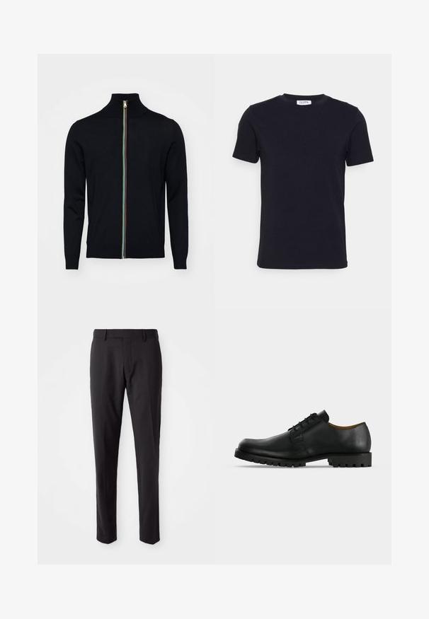 Paul Smith MEN CARDIGAN ZIP - Ζακέτα - black; Μαύρη κοντομάνικη μπλούζα τύπου crew neck με μια μικρή λευκή ετικέτα μέσα στον λαιμό.; Μαύροι προσαρμοσμένοι παντελόνες με επίπεδο μπροστινό μέρος, στενή εφαρμογή, θηλιές ζώνης και ομαλή υφή. Κατάλληλοι για επίσημη ή επαγγελματική ενδυμασία.; Μαύρο δερμάτινο επίσημο παπούτσι με κορδόνια, με παχιά, ραβδωτή σόλα και χαμηλό τακούνι, εμφανίζεται σε λευκό φόντο.