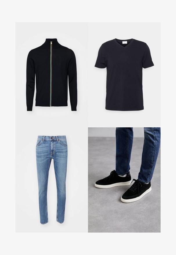 Paul Smith MEN CARDIGAN ZIP - Gilet - black; T-shirt noir à col en V en coton, doté de manches courtes et d'une coupe décontractée. Design simple, sans motifs ni accents supplémentaires.; Jean en denim bleu avec une coupe slim, design à cinq poches et détails de délavage subtil. Comprend une fermeture à bouton et des coutures contrastées.; Des baskets en suède noir avec une semelle en caoutchouc blanc, présentant un design classique à talon bas, un bout rond et des lacets plats noirs.