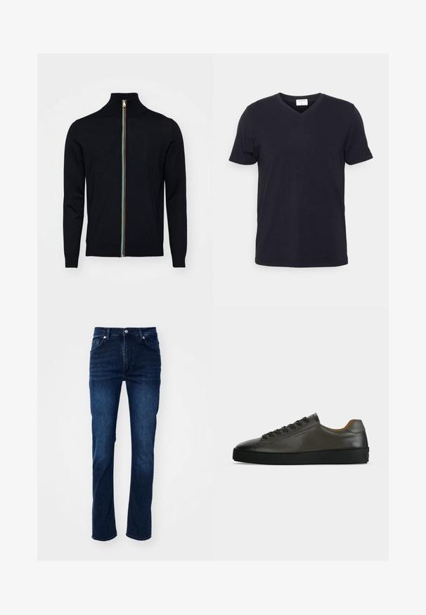Paul Smith MEN CARDIGAN ZIP - Strickjacke - black; Schwarzes V-Ausschnitt-T-Shirt aus Baumwolle, mit kurzen Ärmeln und lockerer Passform. Einfaches Design, keine Muster oder zusätzlichen Akzente.; Dunkelblaue Jeans aus Denim im geraden Schnitt, mit einem klassischen Fünf-Taschen-Design und dezenten Nähdetails.; Niedriger dunkelgrauer Ledersneaker mit schwarzen Schnürsenkeln und Sohle, minimalistisches Design, Seitenprofil vor einem schlichten hellen Hintergrund.