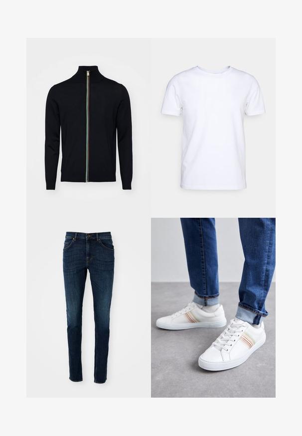 Paul Smith MEN CARDIGAN ZIP - Cardigan - black; Hvid kortærmet t-shirt i bomuldsstof med rund halsudskæring. Enkel design uden mønstre eller detaljer. Glat tekstur.; Mørkeblå denim jeans med slim fit, struktureret design, fem-lommes stil og let falmning langs benene og sømmene.; Hvide lædersneakers med multicolore striber, snørebåndsdesign, gummisål og polstret krave, parret med blå denimjeans.