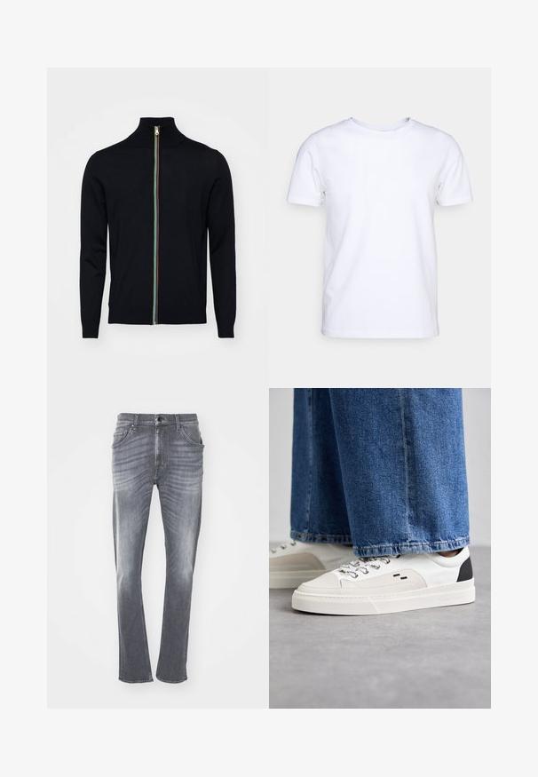 Paul Smith MEN CARDIGAN ZIP - Kardigán - black; Biela kratkosrstá bavlnená tričko s okrúhlym výstrihom. Jednoduchý dizajn bez vzorov alebo akcentov. Hladká textúra.; Sivé denimové džínsy so rovný strihom, s vyblednutou textúrou, piatimi vreckami a pútkami na opasok. Šitý lem a klasické zapínanie na gombík.; Biele a čierne tenisky s hladkým koženým zvrškom, štruktúrovanými akcentmi a masívnou bielou podrážkou. Obsahujú klasický dizajn so šnurovaním.