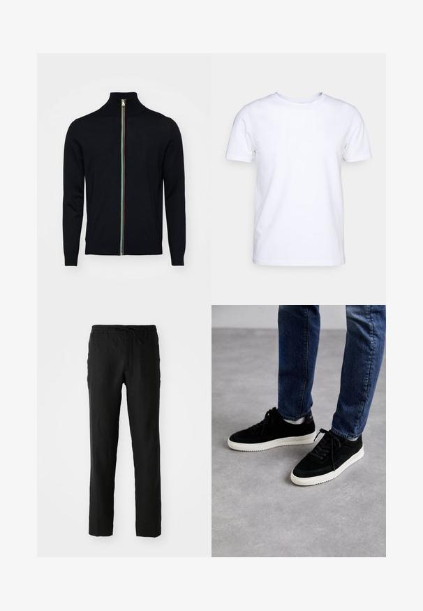 Paul Smith MEN CARDIGAN ZIP - Ζακέτα - black; Λευκό κοντομάνικο μπλουζάκι από βαμβακερό ύφασμα με στρογγυλή λαιμόκοψη. Απλός σχεδιασμός χωρίς μοτίβα ή λεπτομέρειες. Λείο υφή.; Μαύρα λινά παντελόνια με ελαστική μέση και κορδόνι. Σχέδιο ίσιας γραμμής και λεία υφή. Ιδανικά για καθημερινή χρήση.; Μαύρα σουέτ αθλητικά παπούτσια με λευκή καουτσούκ σόλα, που διαθέτουν κλασική χαμηλή σχεδίαση, στρογγυλή μύτη και επίπεδες μαύρες κορδόνες.