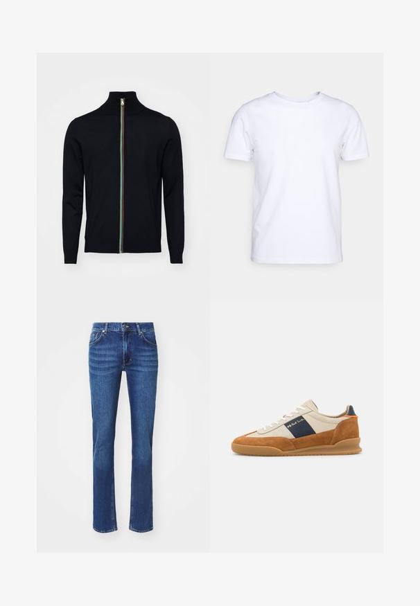Paul Smith MEN CARDIGAN ZIP - Strickjacke - black; Weißes T-Shirt mit kurzen Ärmeln aus Baumwollstoff und rundem Halsausschnitt. Schlichtes Design ohne Muster oder Akzente. Glatte Textur.; Dunkelblaue Denim-Jeans mit geradem Bein, dezent ausgebleicht, fünf Taschen und Knopfverschluss. Neutrale Nähte setzen Akzente.; PS Paul Smith DOVER - Sneaker low - cognac/off-white