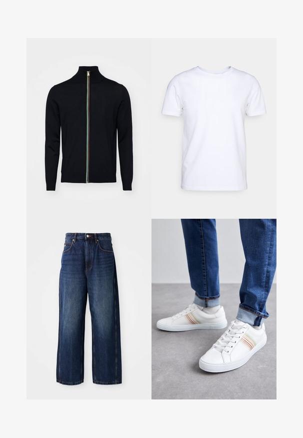 Paul Smith MEN CARDIGAN ZIP - Kardigan - black; Valge lühikeste varrukatega t-särk puuvillaste kangast, ümmarguse kaelusega. Lihtne disain, ilma mustrite ja detailideta. Sile tekstuur.; Tumedast sinisest denimist laiad jalad teksad. Omavad klassikalist vöökohta koos vöörihmadega, eespool taskut ja sirget siluetti.; Valged nahast spordijalatsid mitmevärviliste triipudega, nööriga disain, kummist talla ja pehmendusega krae, kombineeritud siniste teksadega.